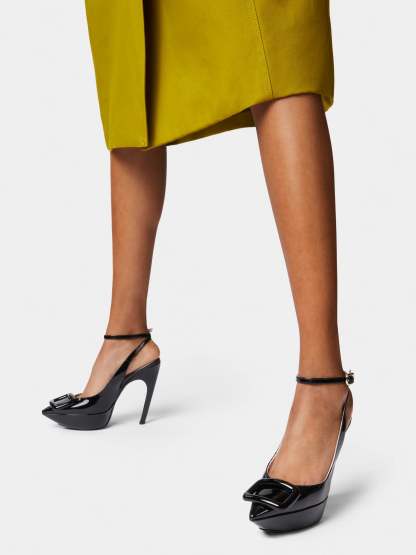 「ヴィヴ ショック」ラッカード バックル パテントレザー スリングバック パンプス 125 mm ブラック