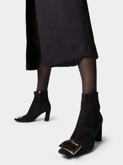 「ベル ヴィヴィエ」メタル バックル スエード チェルシー アンクル ブーツ 75 mm ブラック