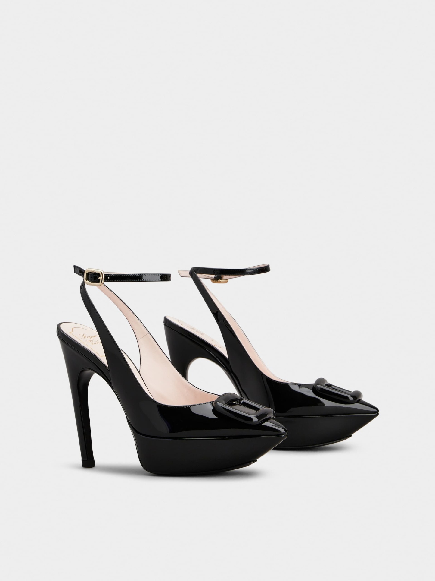「ヴィヴ ショック」ラッカード バックル パテントレザー スリングバック パンプス 125 mm ブラック