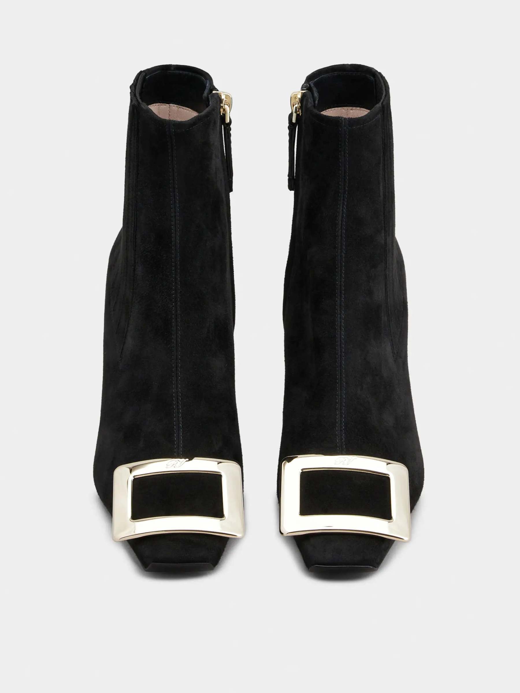 「ベル ヴィヴィエ」メタル バックル スエード チェルシー アンクル ブーツ 75 mm ブラック