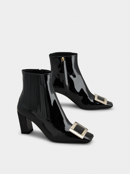 「ベル ヴィヴィエ」メタル バックル パテントレザー チェルシー アンクル ブーツ 75 mm ブラック