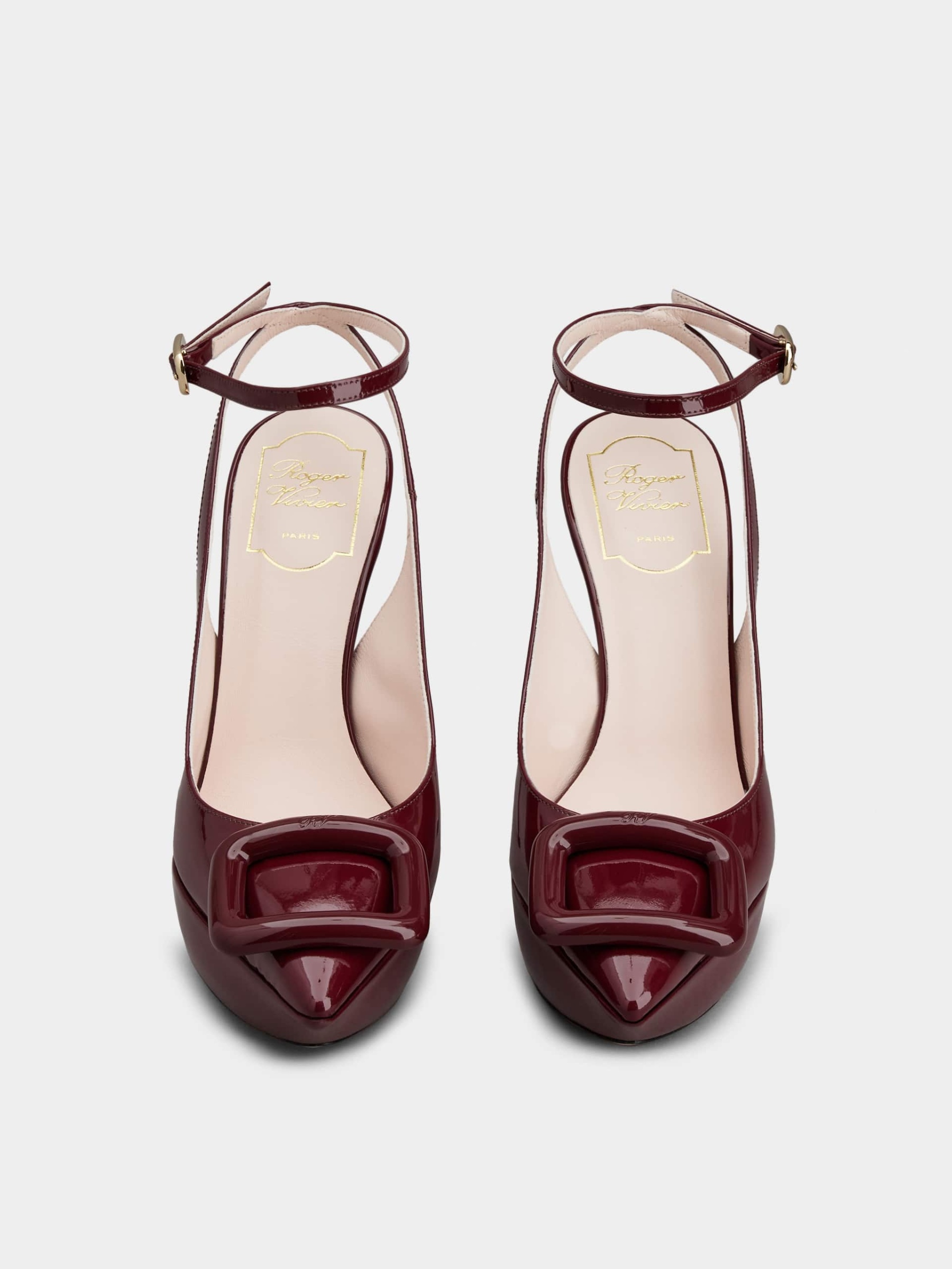 「ヴィヴ ショック」ラッカード バックル パテントレザー スリングバック パンプス 125 mm ボルドー