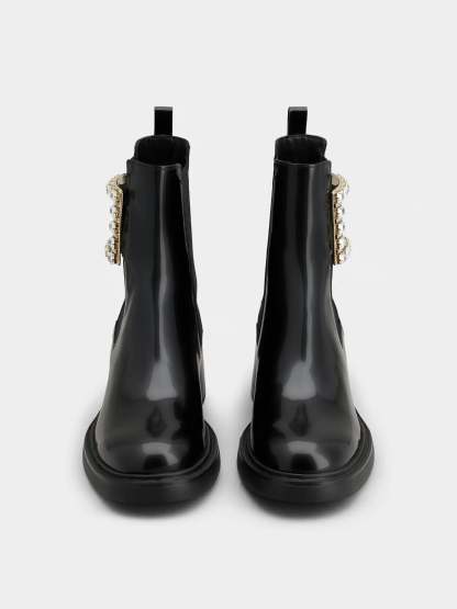 「ヴィヴ レンジャー」ストラス バックル レザー チェルシー アンクル ブーツ 60 mm ブラック