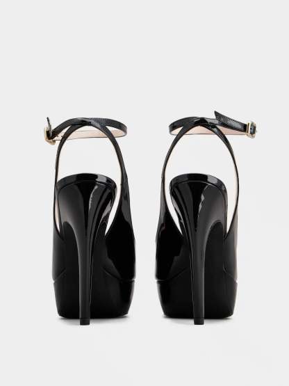 「ヴィヴ ショック」ラッカード バックル パテントレザー スリングバック パンプス 125 mm ブラック