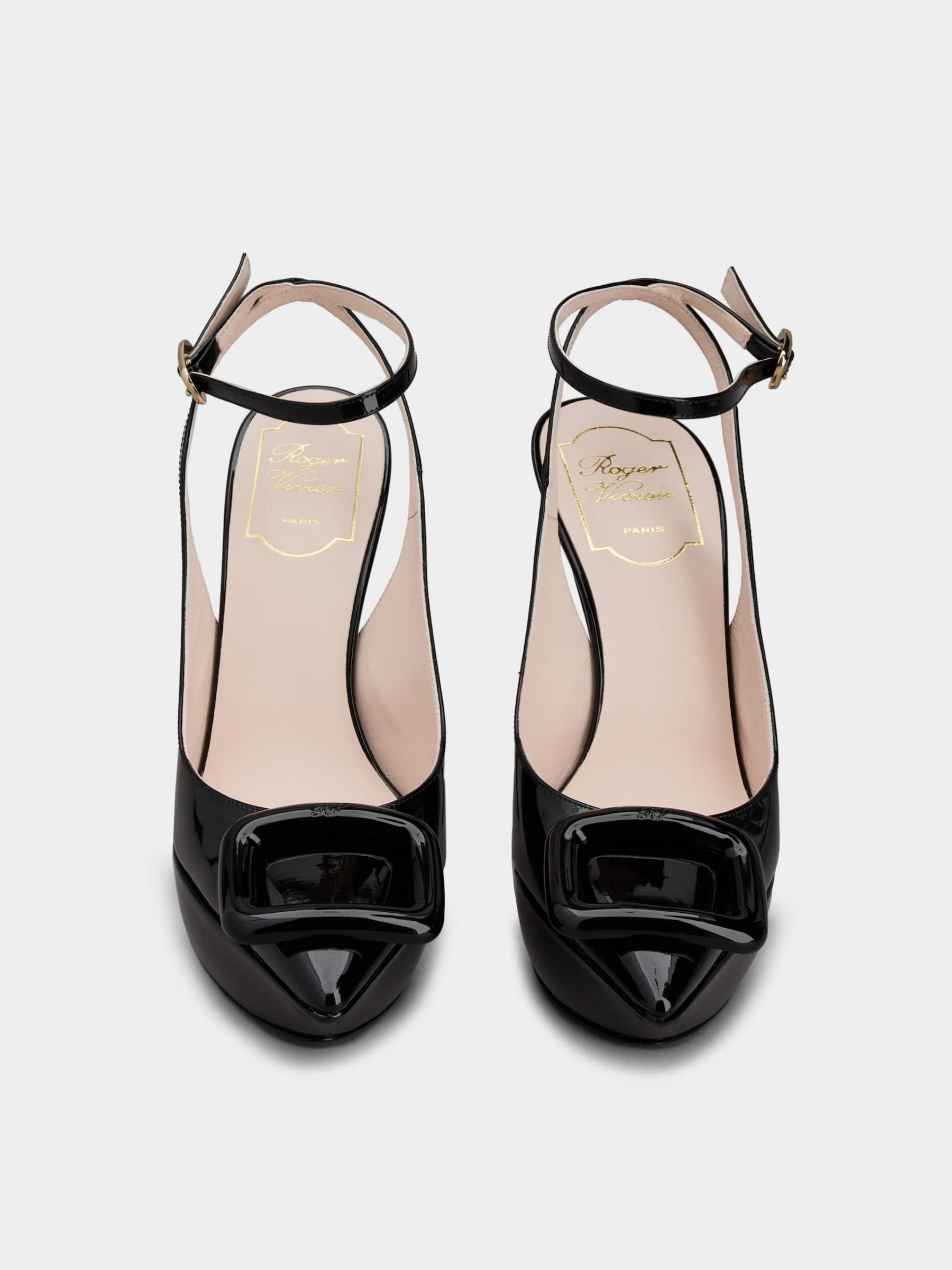 「ヴィヴ ショック」ラッカード バックル パテントレザー スリングバック パンプス 125 mm ブラック