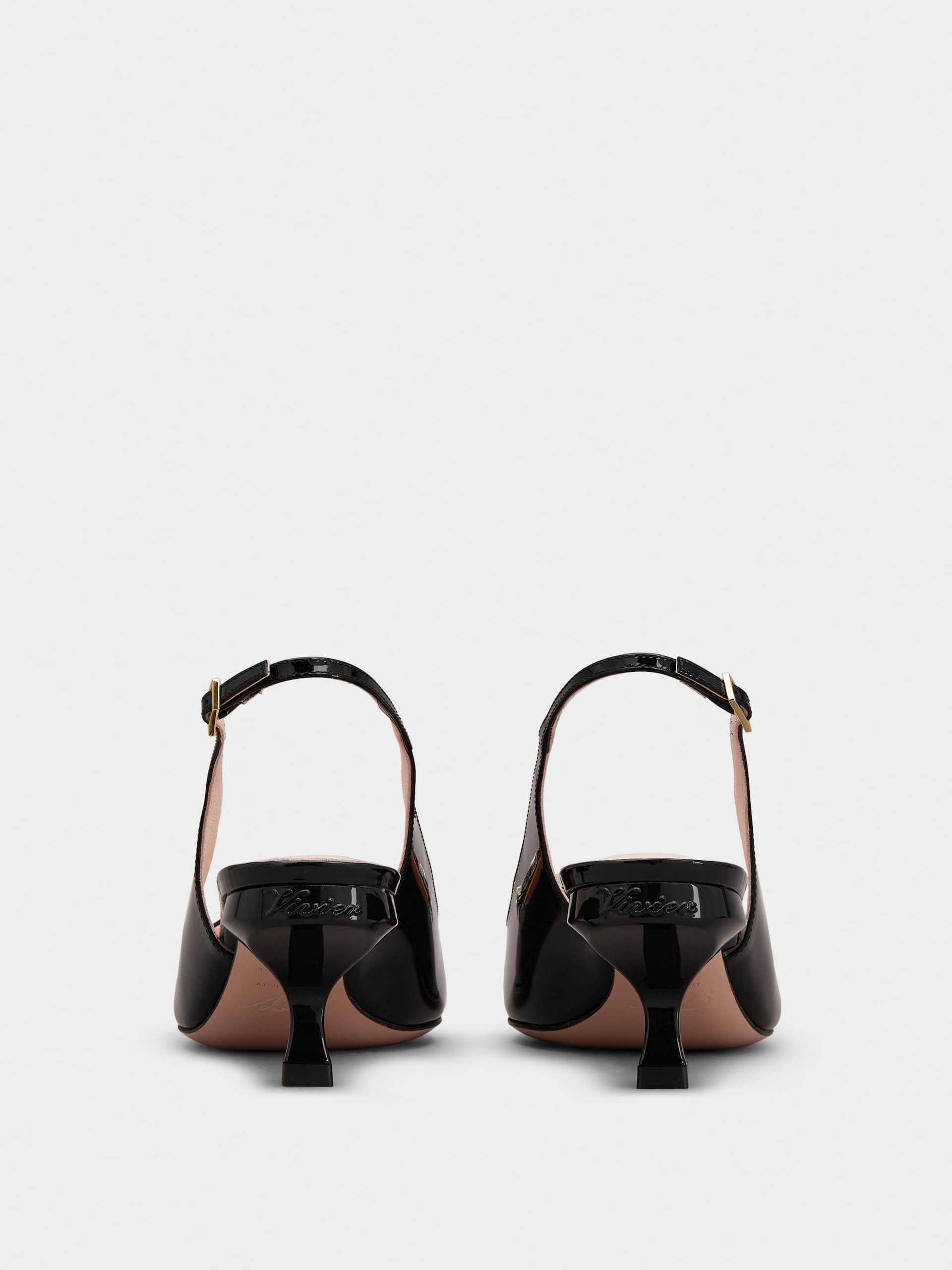 「ヴィルギュル」ストラス バックル パテント レザー スリングバック パンプス 55 mm ブラック