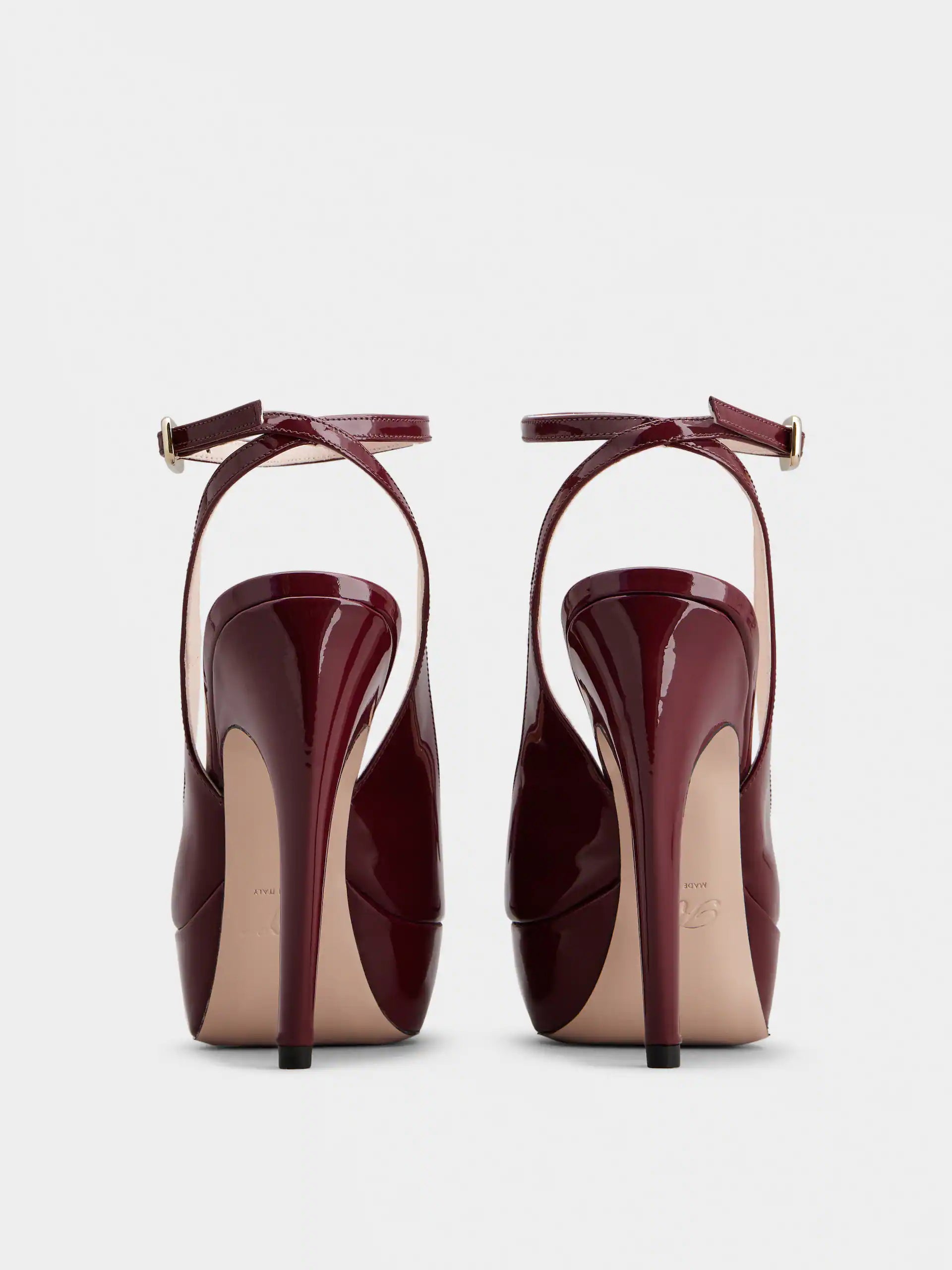 「ヴィヴ ショック」ラッカード バックル パテントレザー スリングバック パンプス 125 mm ボルドー