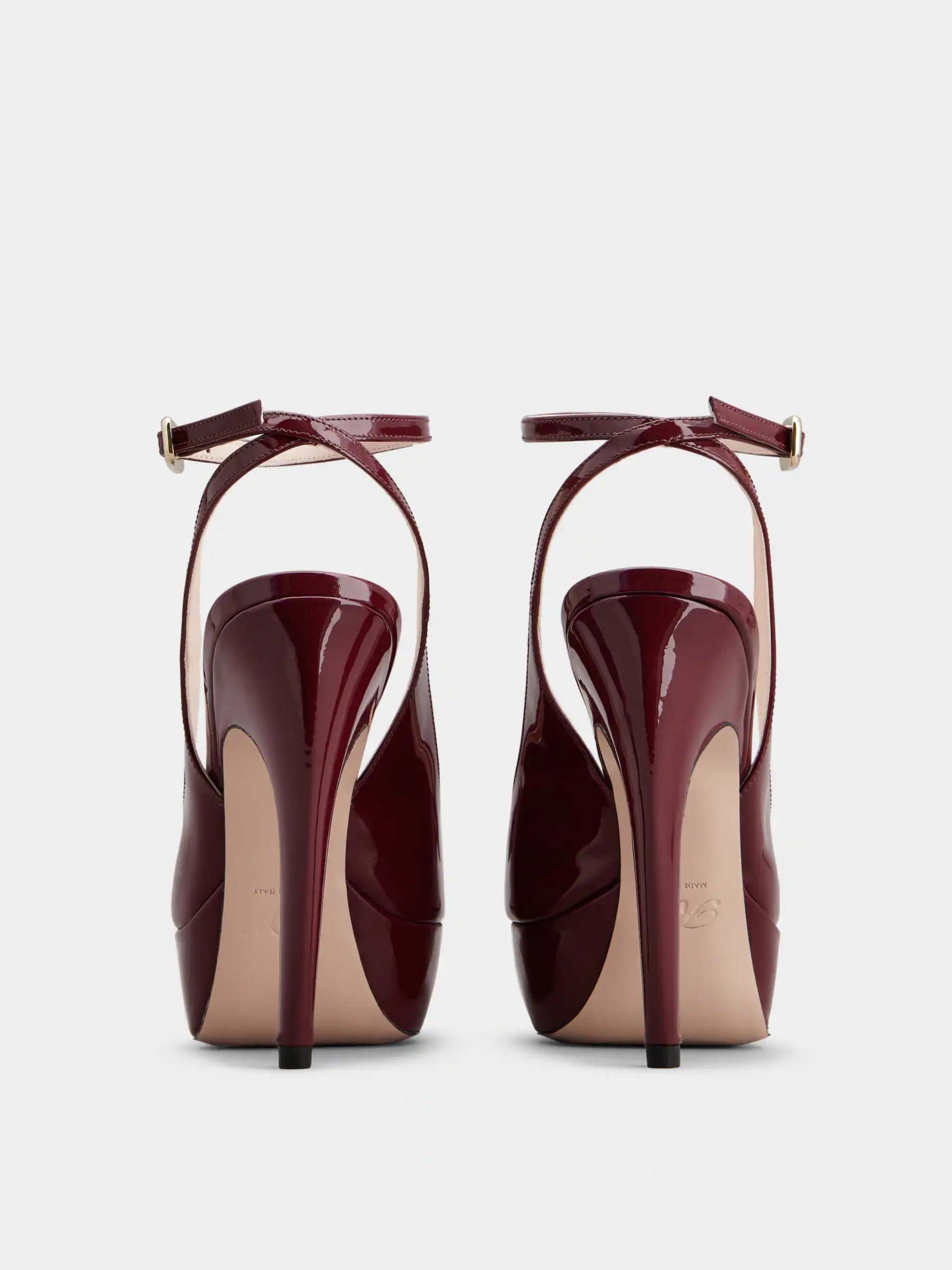 「ヴィヴ ショック」ラッカード バックル パテントレザー スリングバック パンプス 125 mm ボルドー