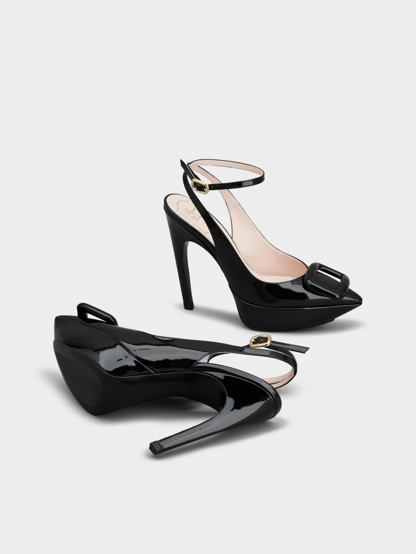 「ヴィヴ ショック」ラッカード バックル パテントレザー スリングバック パンプス 125 mm ブラック