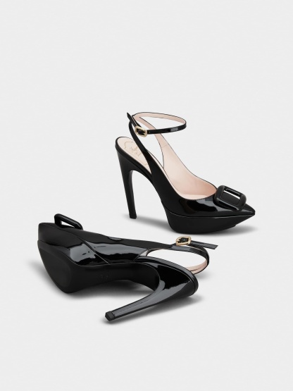 「ヴィヴ ショック」ラッカード バックル パテントレザー スリングバック パンプス 125 mm ブラック