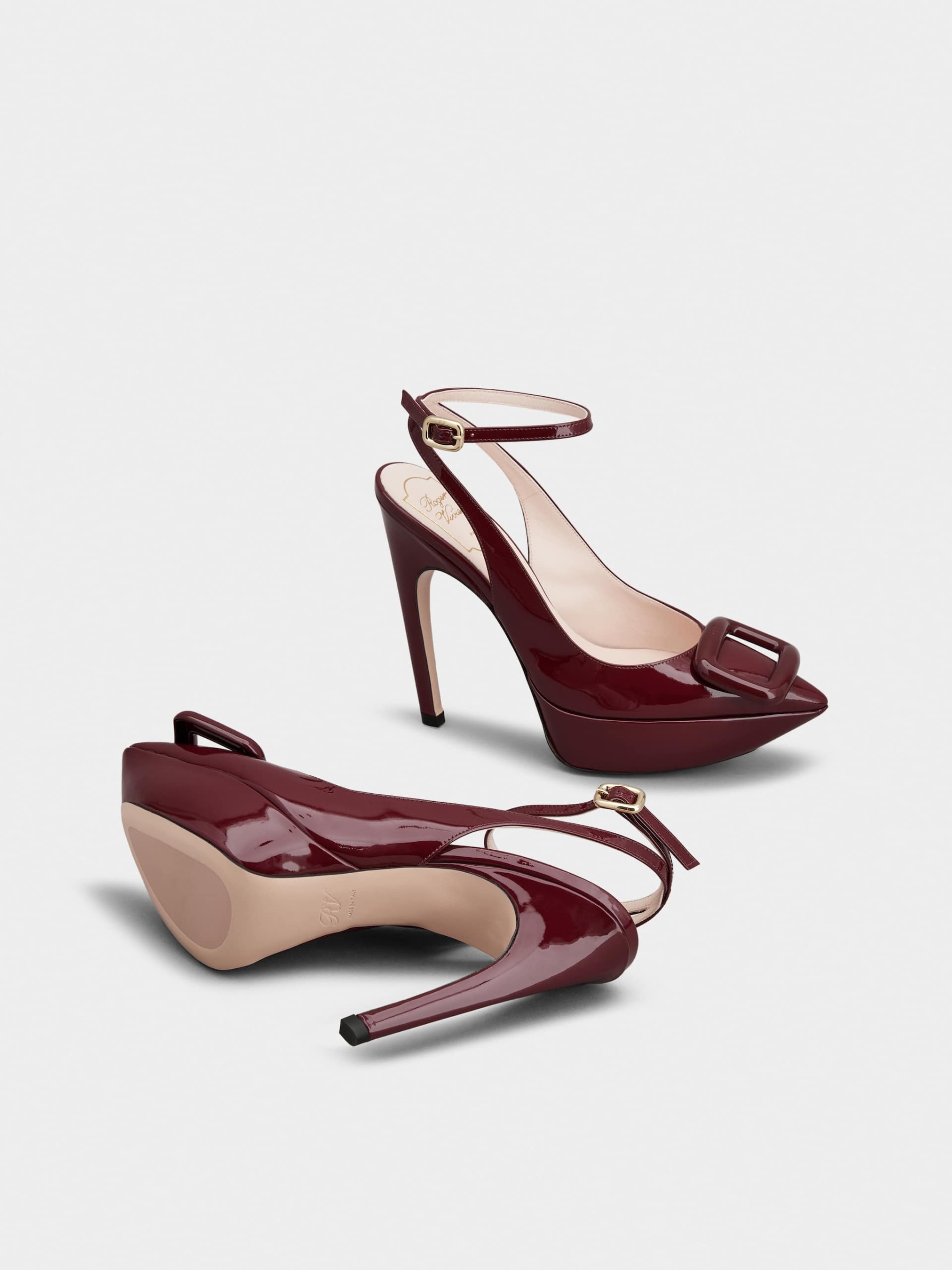 「ヴィヴ ショック」ラッカード バックル パテントレザー スリングバック パンプス 125 mm ボルドー