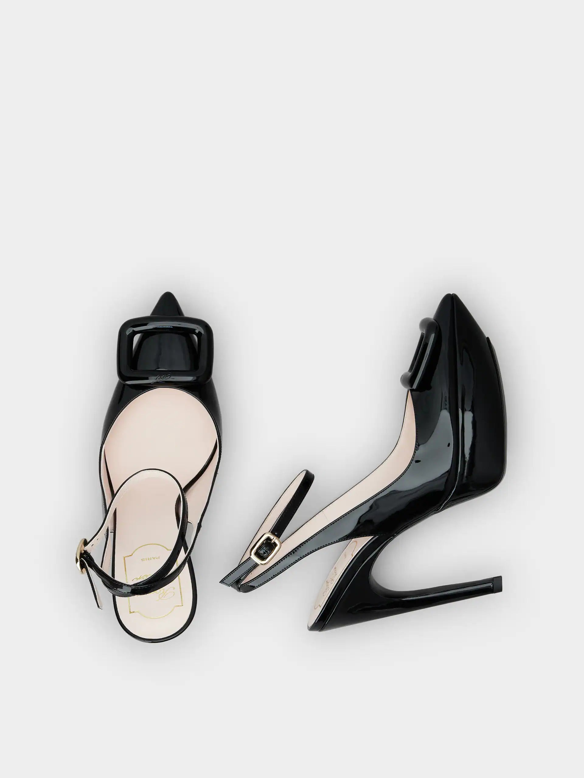 「ヴィヴ ショック」ラッカード バックル パテントレザー スリングバック パンプス 125 mm ブラック