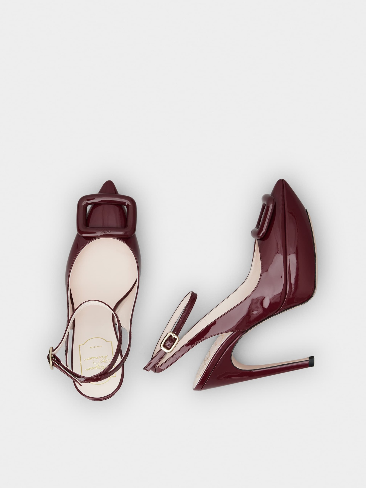 「ヴィヴ ショック」ラッカード バックル パテントレザー スリングバック パンプス 125 mm ボルドー