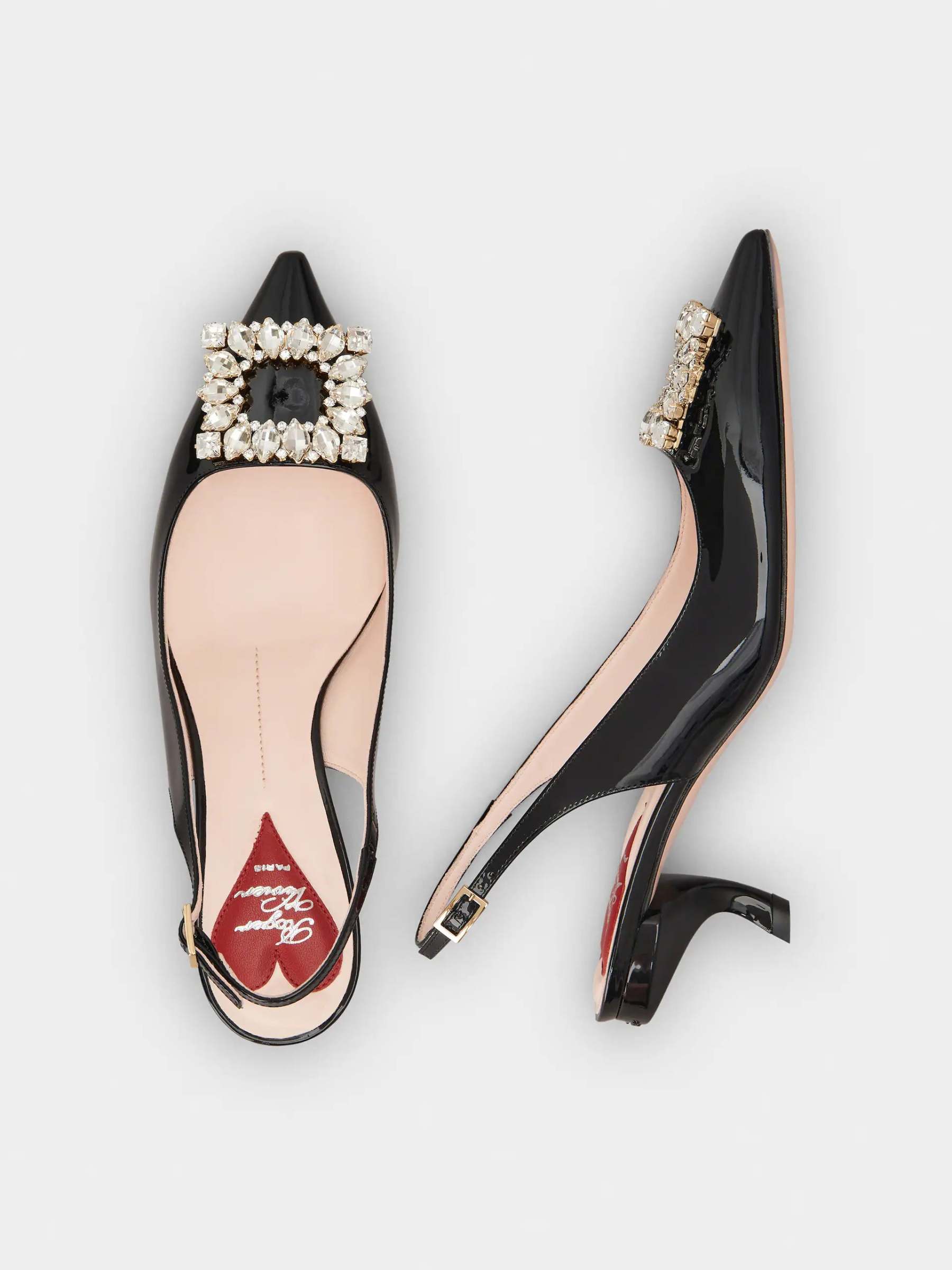 「ヴィルギュル」ストラス バックル パテント レザー スリングバック パンプス 55 mm ブラック