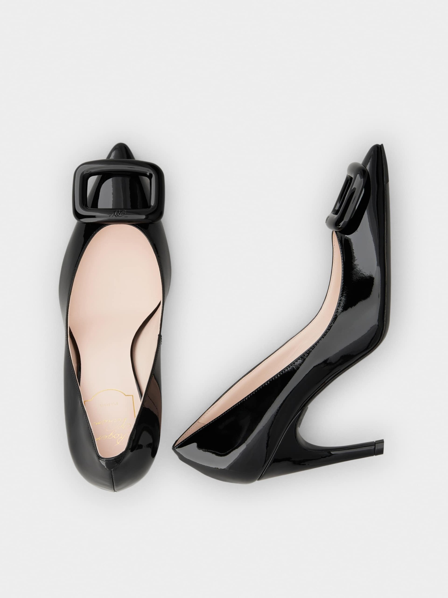 「ヴィヴ ショック」ラッカード バックル パテントレザー パンプス 85 mm ブラック