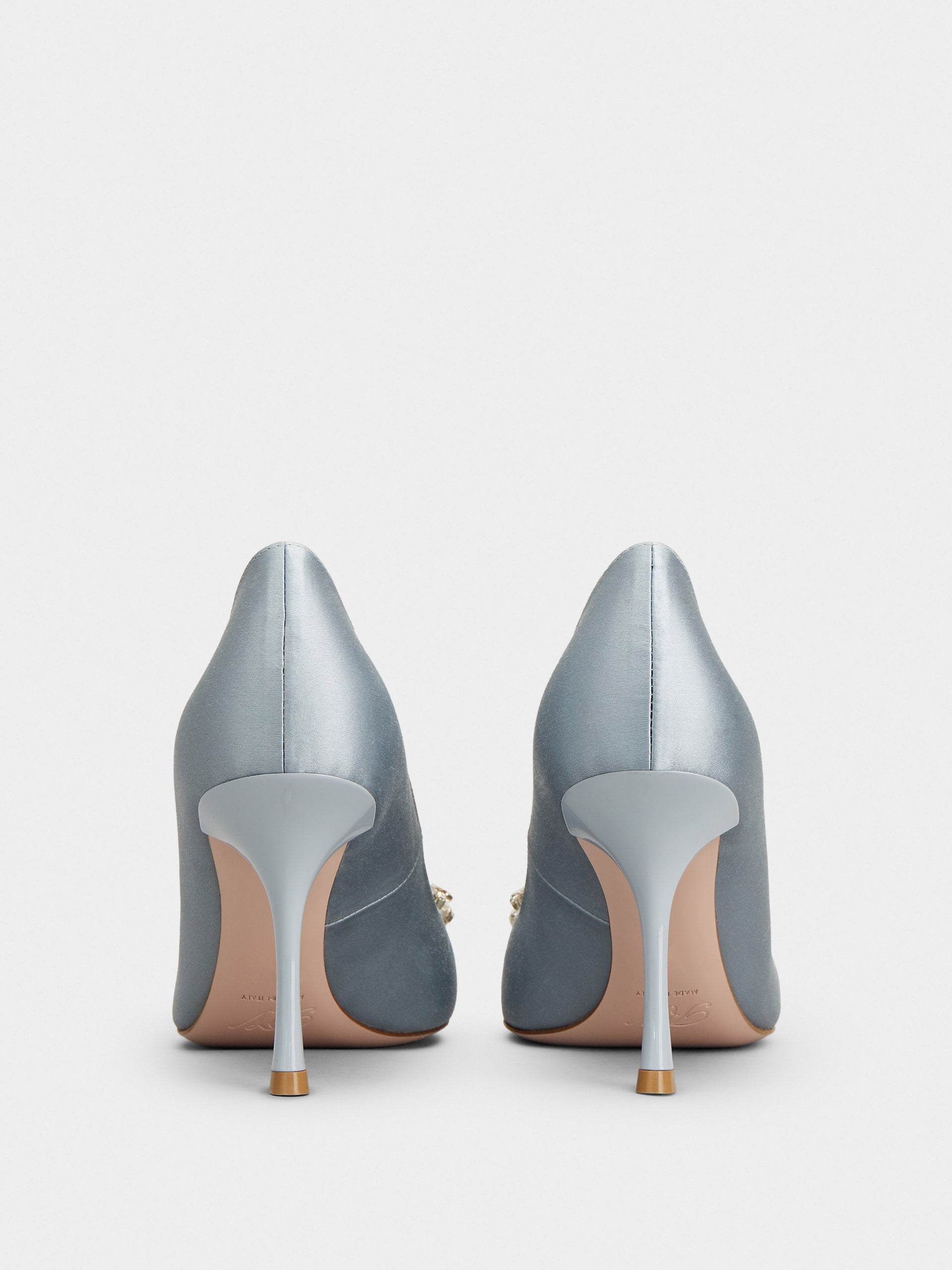 RV ブーケ ストラスパール バックル サテン パンプス 85 mm ライトブルー