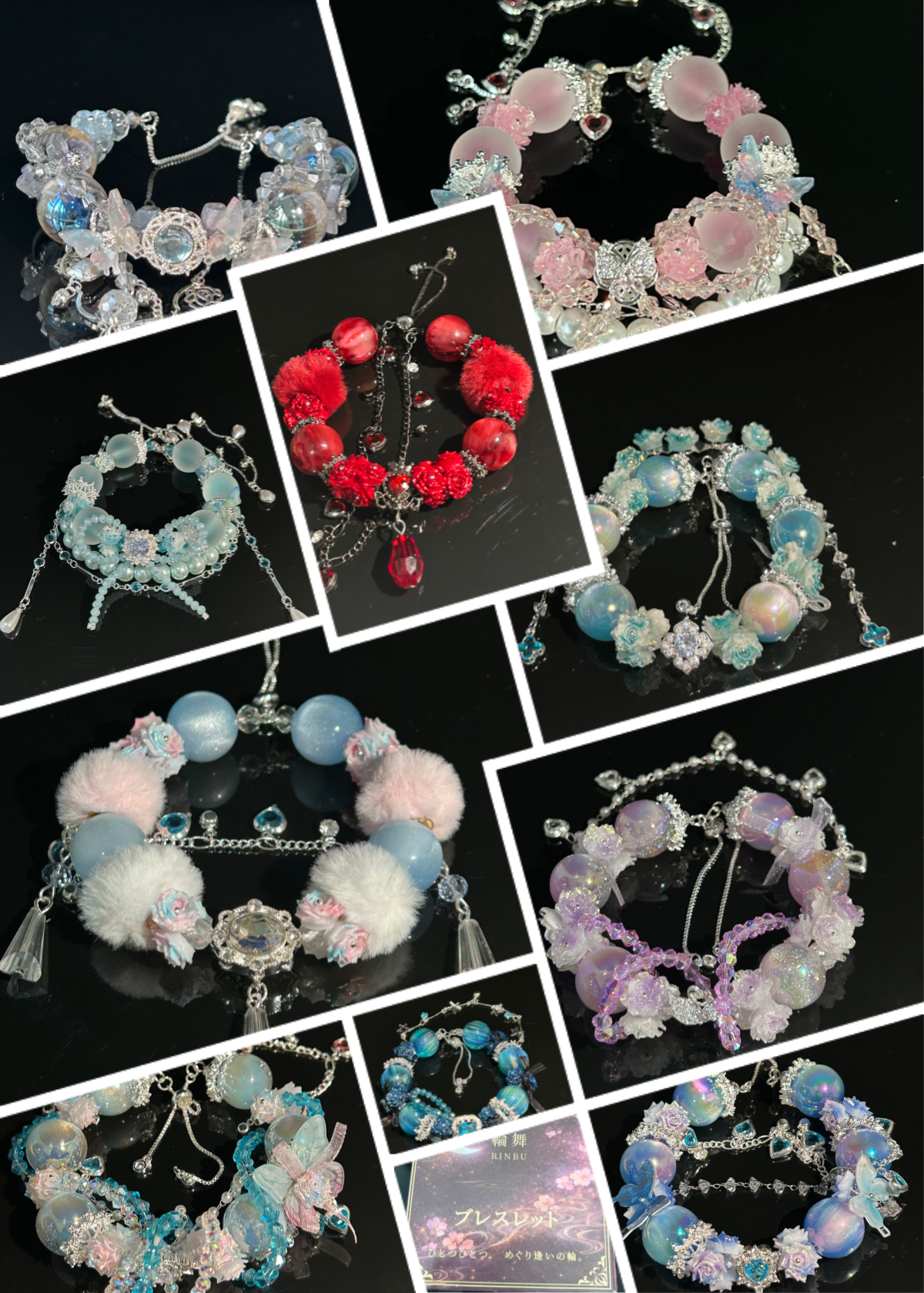 A luxurious 5-piece handmade bracelet set featuring intricate crystal details, artistic floral elements, and layered elegance. Each bracelet can be worn individually or combined to create a unique, statement look for any occasion.  Due to the handmade nat