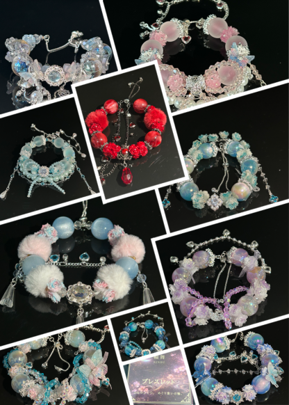 A luxurious 5-piece handmade bracelet set featuring intricate crystal details, artistic floral elements, and layered elegance. Each bracelet can be worn individually or combined to create a unique, statement look for any occasion.  Due to the handmade nat