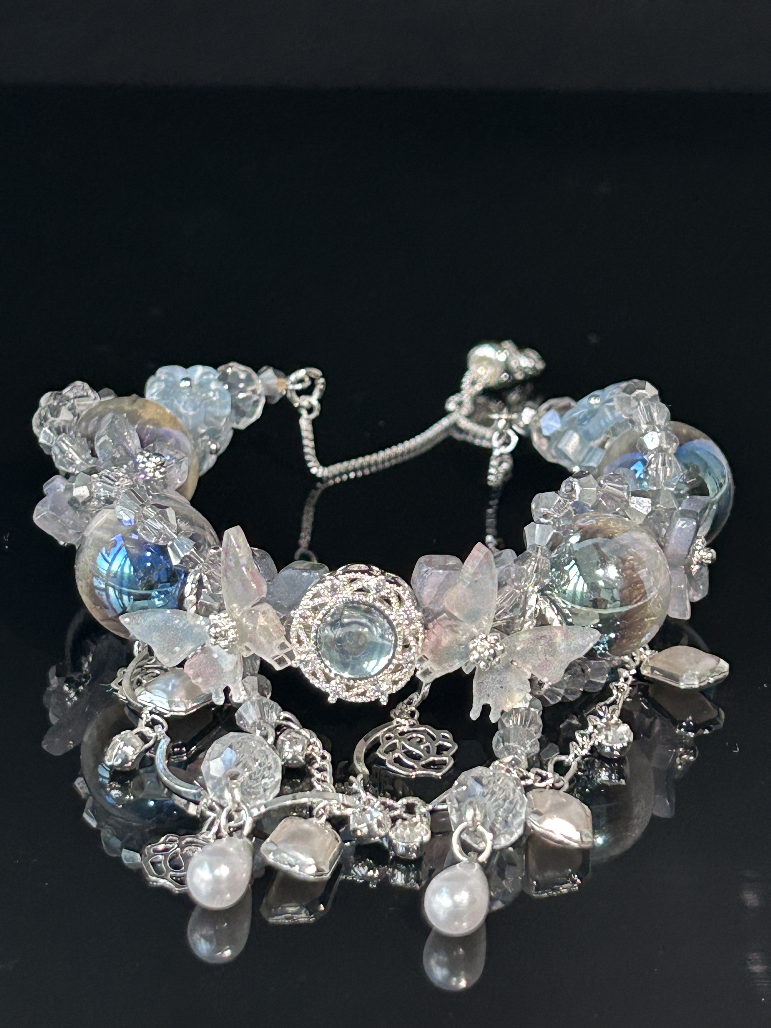 Handmade Crystal Moonlight Bracelet – Elegant Silver Beaded Jewelry