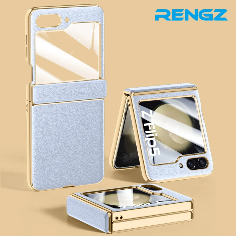 เหมาะสำหรับ Samsung Z Flip5 ใหม่เคสป้องกันบานพับหนังธรรมดาเคลือบด้วยไฟฟ้า