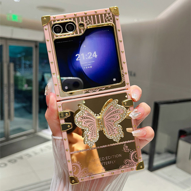 เคส Samsung Galaxy Z Flip8/7/6/5/4/3 กระจกเงา ประดับคริสตัลลายผีเสื้อ พร้อมขาตั้ง ปกป้องรอบด้าน ดีไซน์หรูหรา