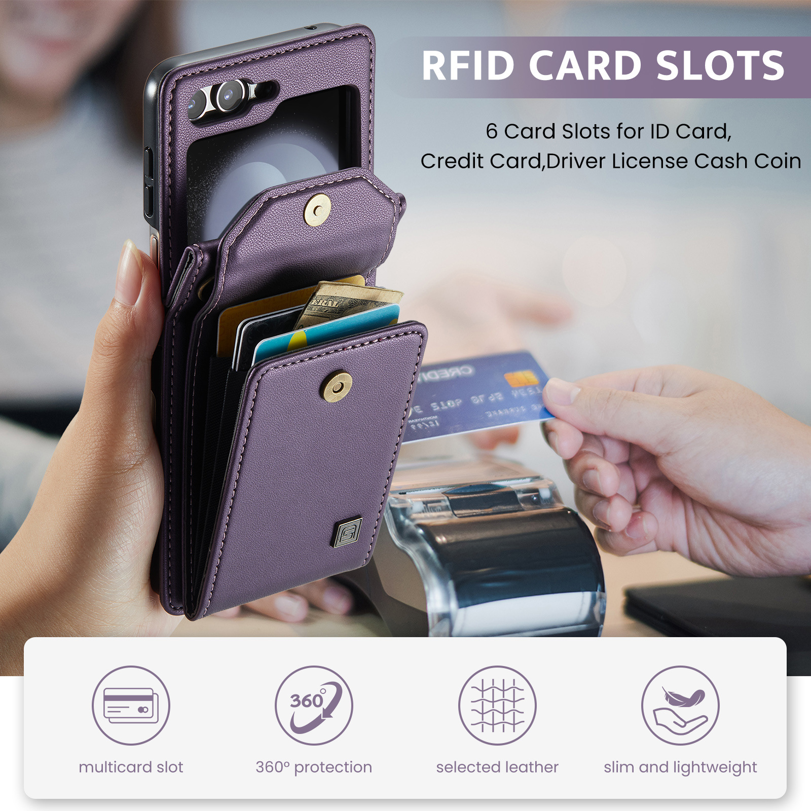 เหมาะสำหรับ Samsung Z Flip6/5/4/3 ใหม่ผู้ถือบัตรหีบเพลงเชือกเส้นเล็กเคสหนังป้องกัน