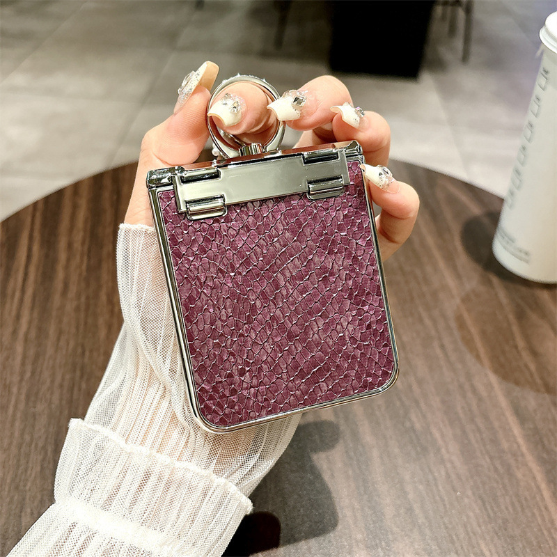 เหมาะสำหรับ Samsung Z Flip6/5/4/3 เคสโทรศัพท์มือถือแหวนหนังธรรมดาเคลือบอิฐแฟชั่นใหม่