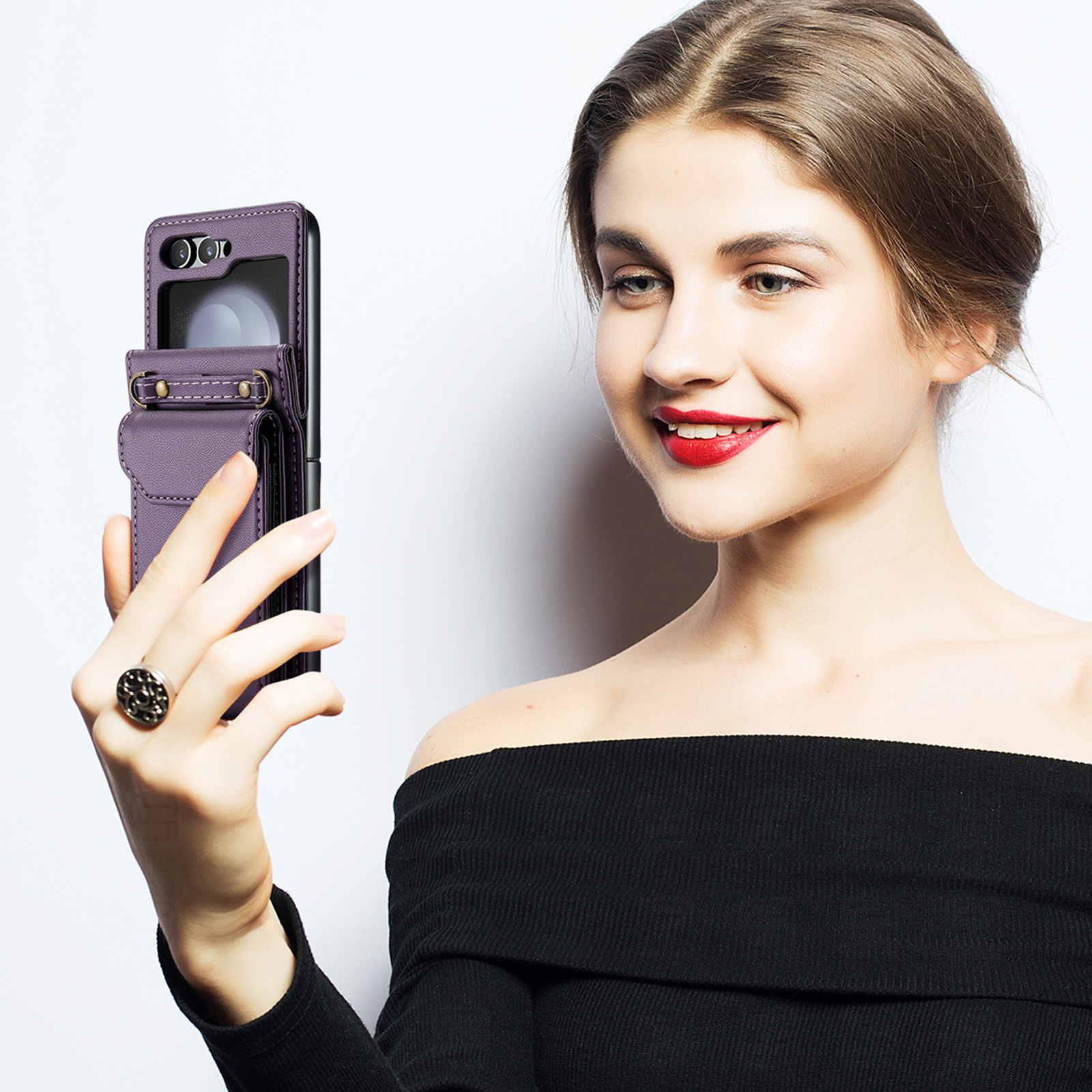 เหมาะสำหรับ Samsung Z Flip6/5/4/3 ใหม่ผู้ถือบัตรหีบเพลงเชือกเส้นเล็กเคสหนังป้องกัน