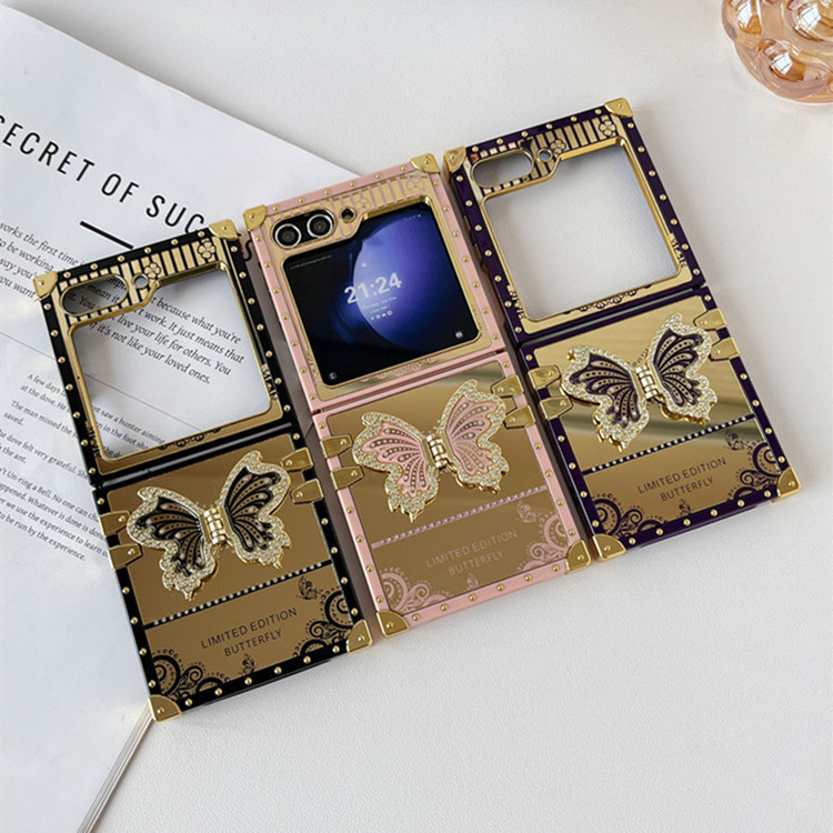 เคส Samsung Galaxy Z Flip8/7/6/5/4/3 กระจกเงา ประดับคริสตัลลายผีเสื้อ พร้อมขาตั้ง ปกป้องรอบด้าน ดีไซน์หรูหรา