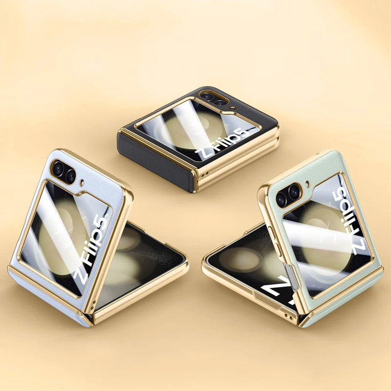 เหมาะสำหรับ Samsung Z Flip5 ใหม่เคสป้องกันบานพับหนังธรรมดาเคลือบด้วยไฟฟ้า