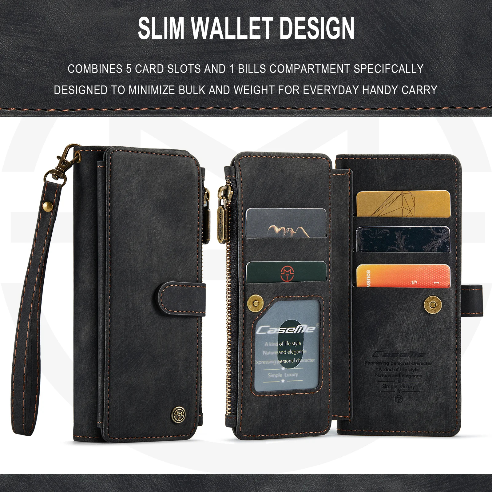 Luxury Retro Wallet Phone Case With 5 Cards Slot,Phone Stand And Zippe