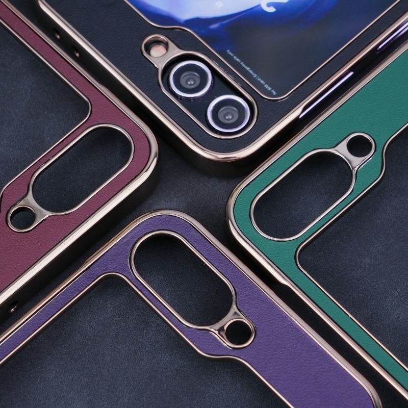 適用於三星Z Flip6/5/4/3新款一字支架電鍍素皮鉸鏈保護殼
