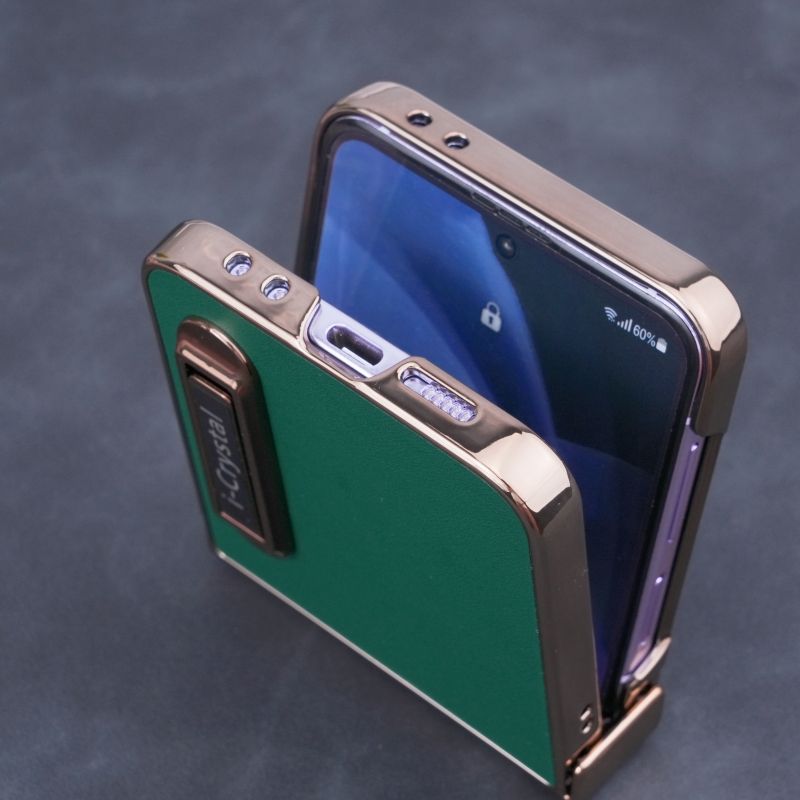 適用於三星Z Flip6/5/4/3新款一字支架電鍍素皮鉸鏈保護殼