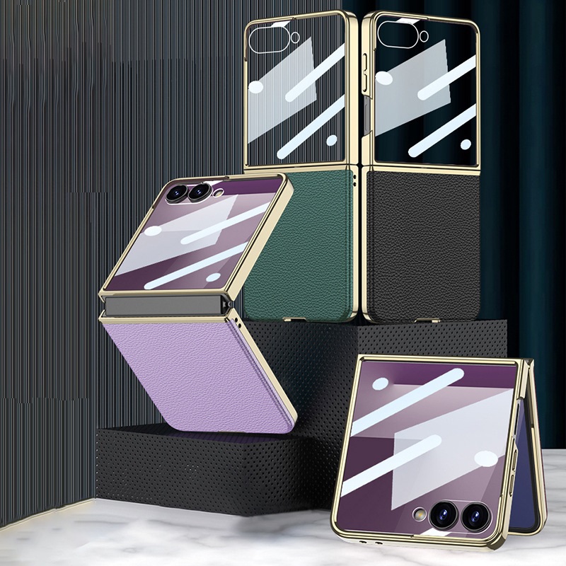 適用於三星Z Flip7/6新款電鍍曲面素皮保護殼