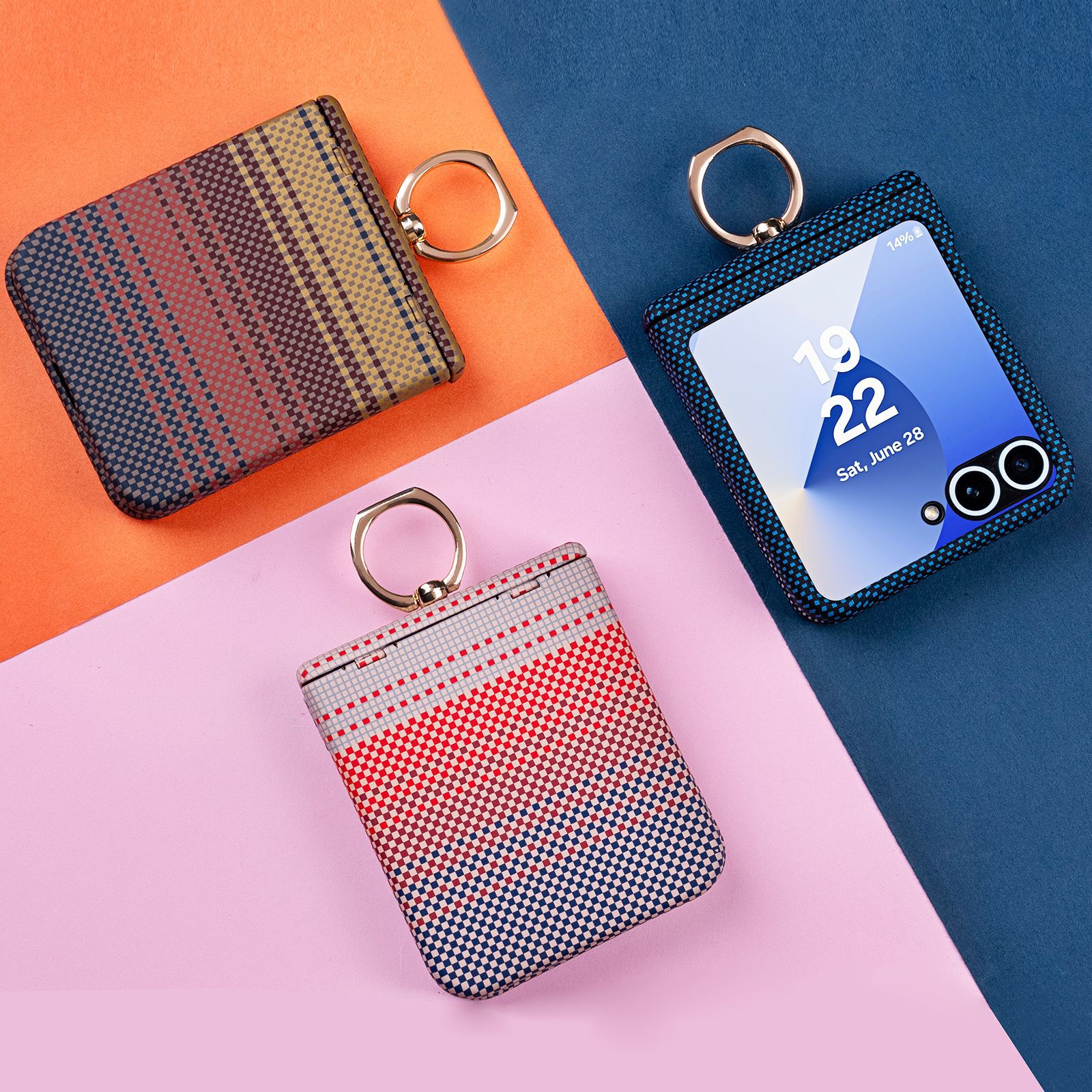 適用於三星Z Flip全系列新款撞色碳纖維紋中軸指環保護殼