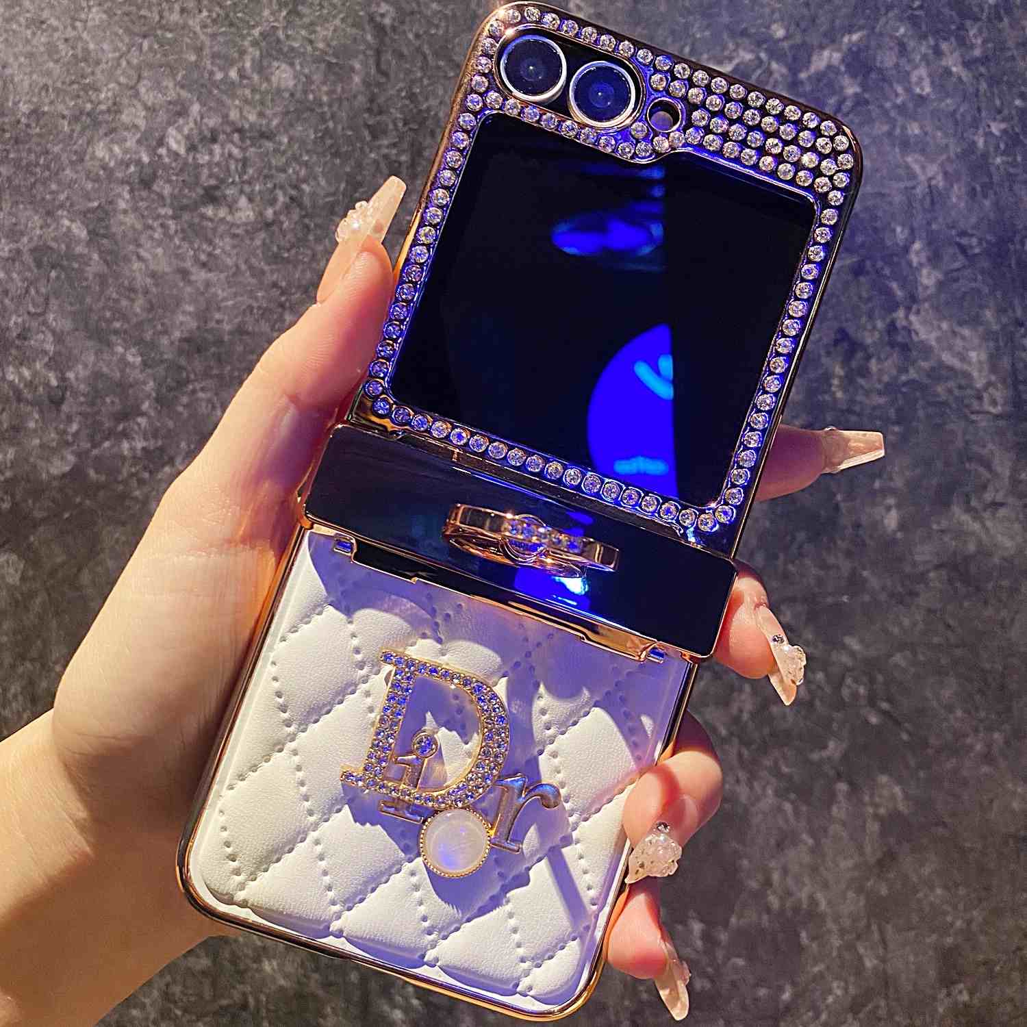 適用於三星Z Flip6/5/4/3新款菱紋小香風鑲磚高級感聯名手機殼