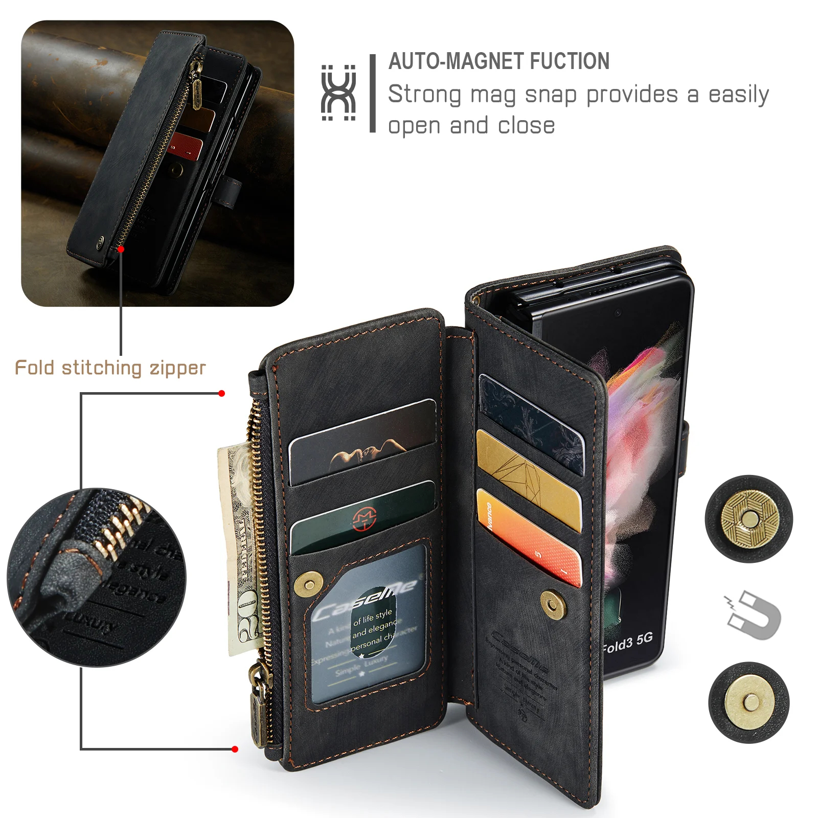Luxury Retro Wallet Phone Case With 5 Cards Slot,Phone Stand And Zippe