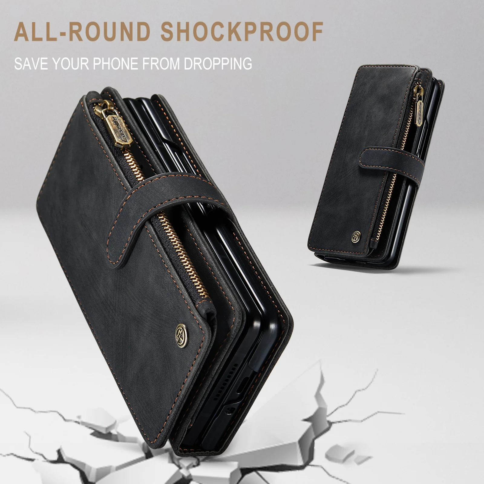 Luxury Retro Wallet Phone Case With 5 Cards Slot,Phone Stand And Zippe