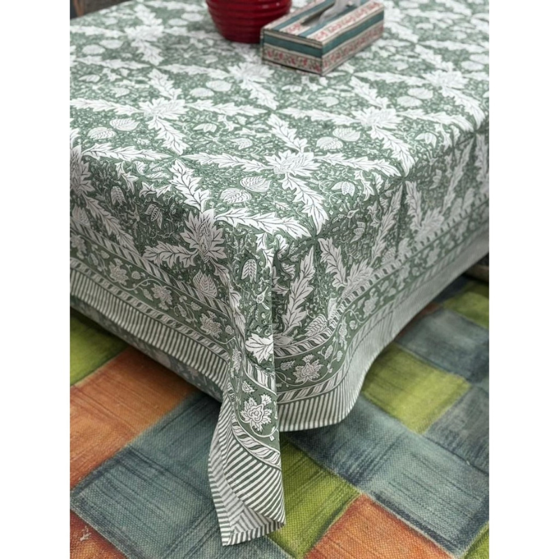 Handblocked Printed Cotton Foliage Tablecloth 6 Seater 