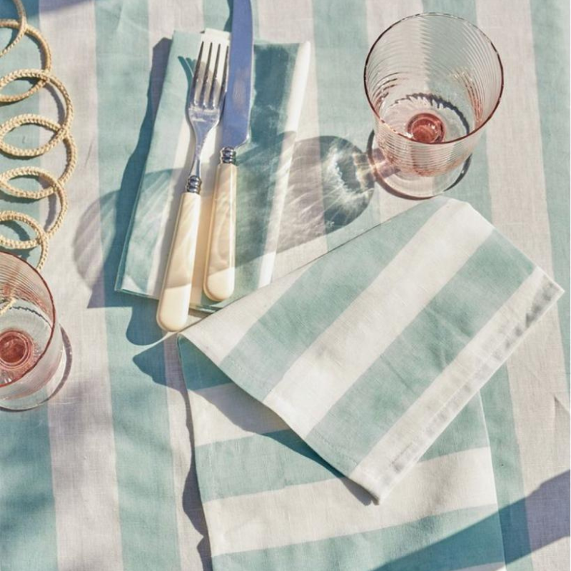 Handblocked Stripe Cotton Tablecloth Aqua