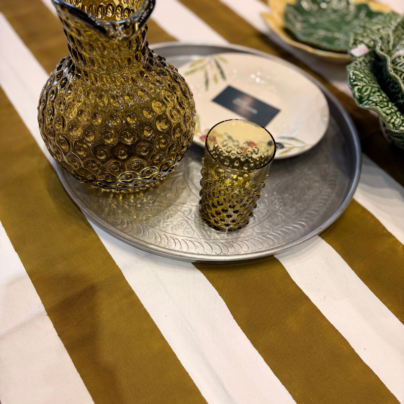 Handblocked Stripe Cotton Tablecloth 8 Seater Olive