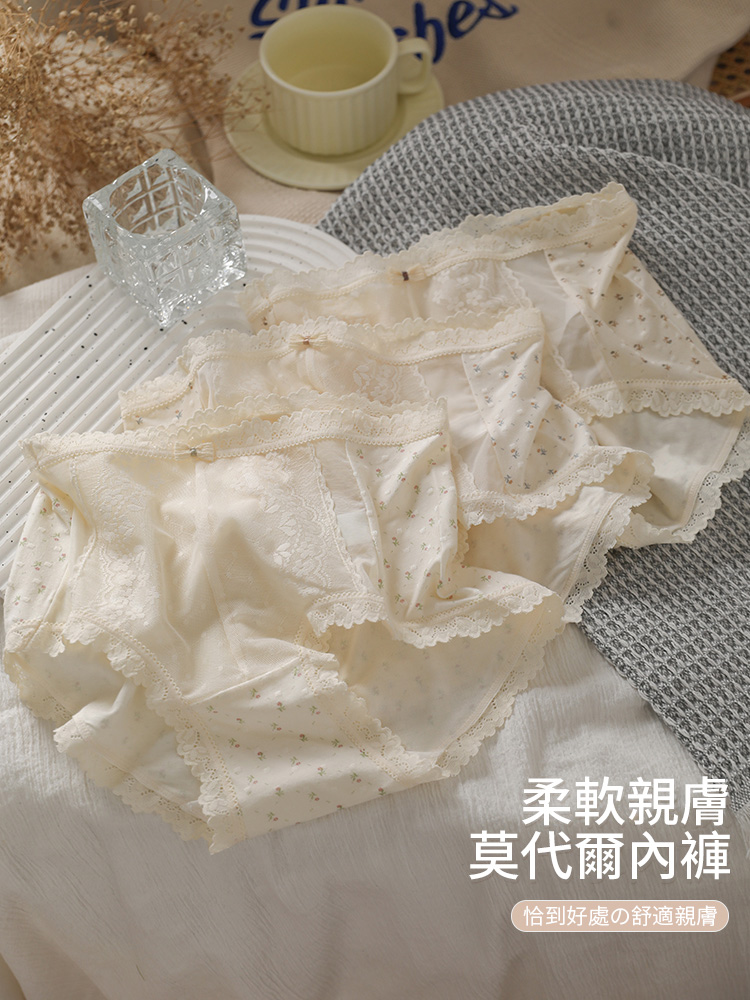 【4件裝】中高腰法式蕾絲拼接網紗內褲