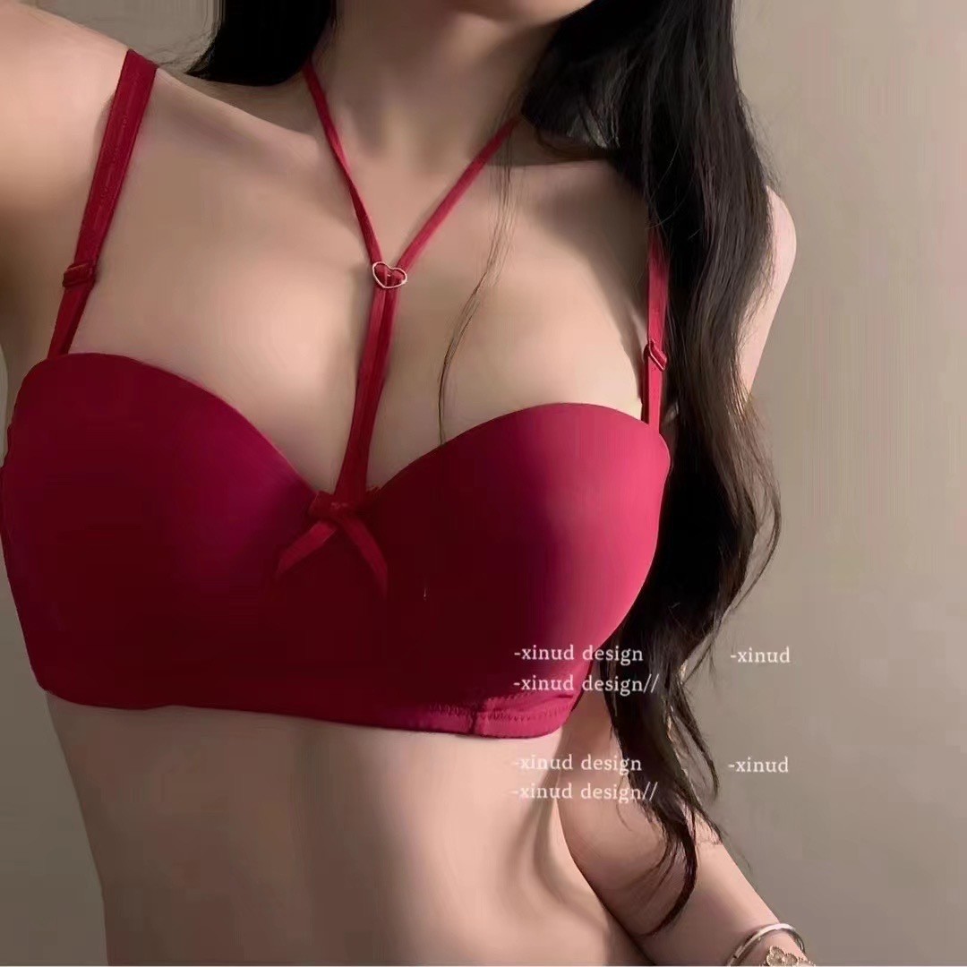 心機辣妹光面內衣女半杯掛脖式聚攏顯大上托美背收副乳防下垂文胸
