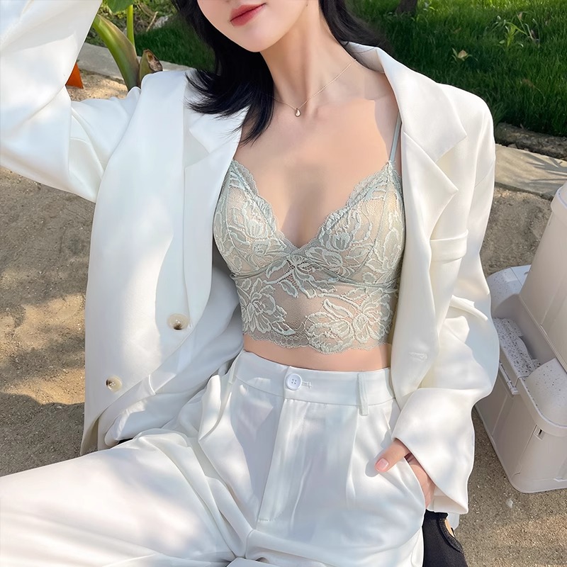 美背薄版內衣女隱形性感法式超薄蕾絲無鋼圈胸罩吊帶三角杯白小胸