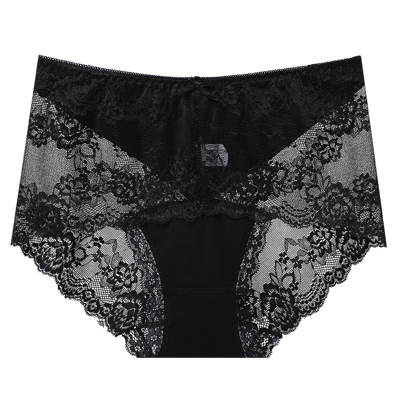 大尺碼抑菌蕾絲性感中腰透明女內褲鏤空透氣舒適純棉襠提臀三角褲女