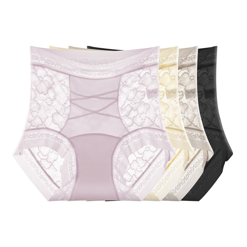 流光緞面蕾絲內褲高腰無痕透氣包臀收腹加長蠶絲抗菌襠小姐輕塑褲