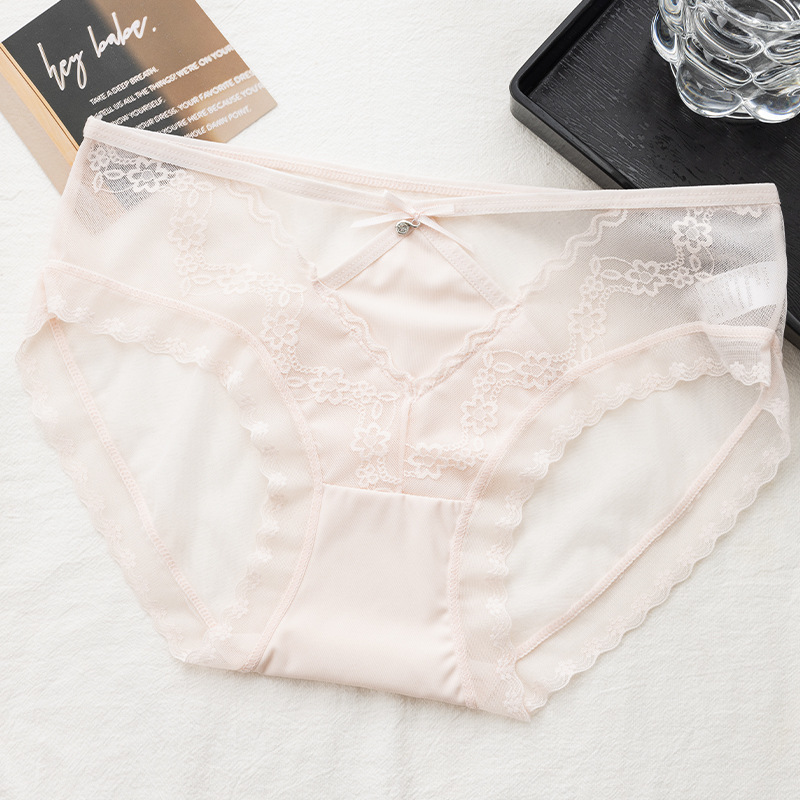 【3件裝】👙輕薄裸感網紗性感鏤空繡花設計蕾絲內褲