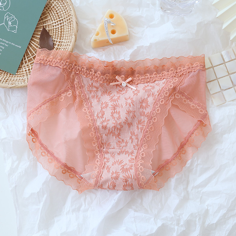 蕾絲內褲女性感網紗抗菌棉襠日系中腰甜美女孩三角褲
