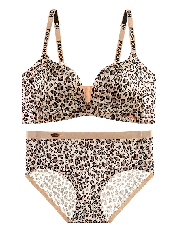 摩登印花內衣女小胸聚攏無鋼圈收副乳防下垂一片式豹紋美背胸罩厚