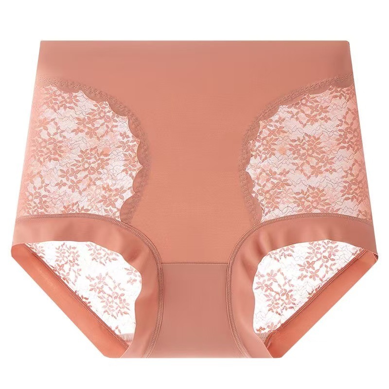 雅丹高腰蕾絲無痕高彈玻色因蠶絲底襠內褲女棉曜黑